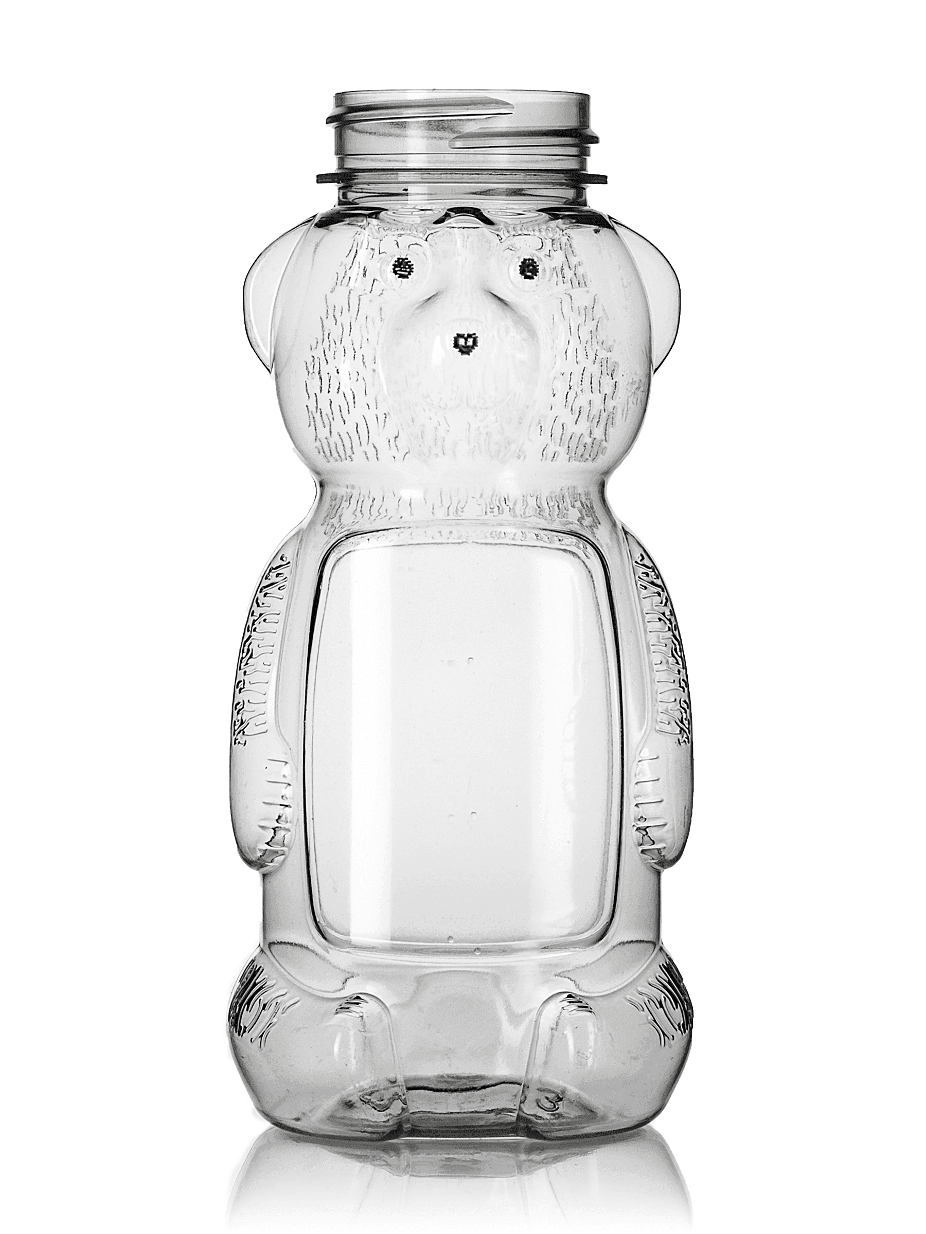 Clear plastic bear-shaped honey bottle with threaded neck for dispensing cap