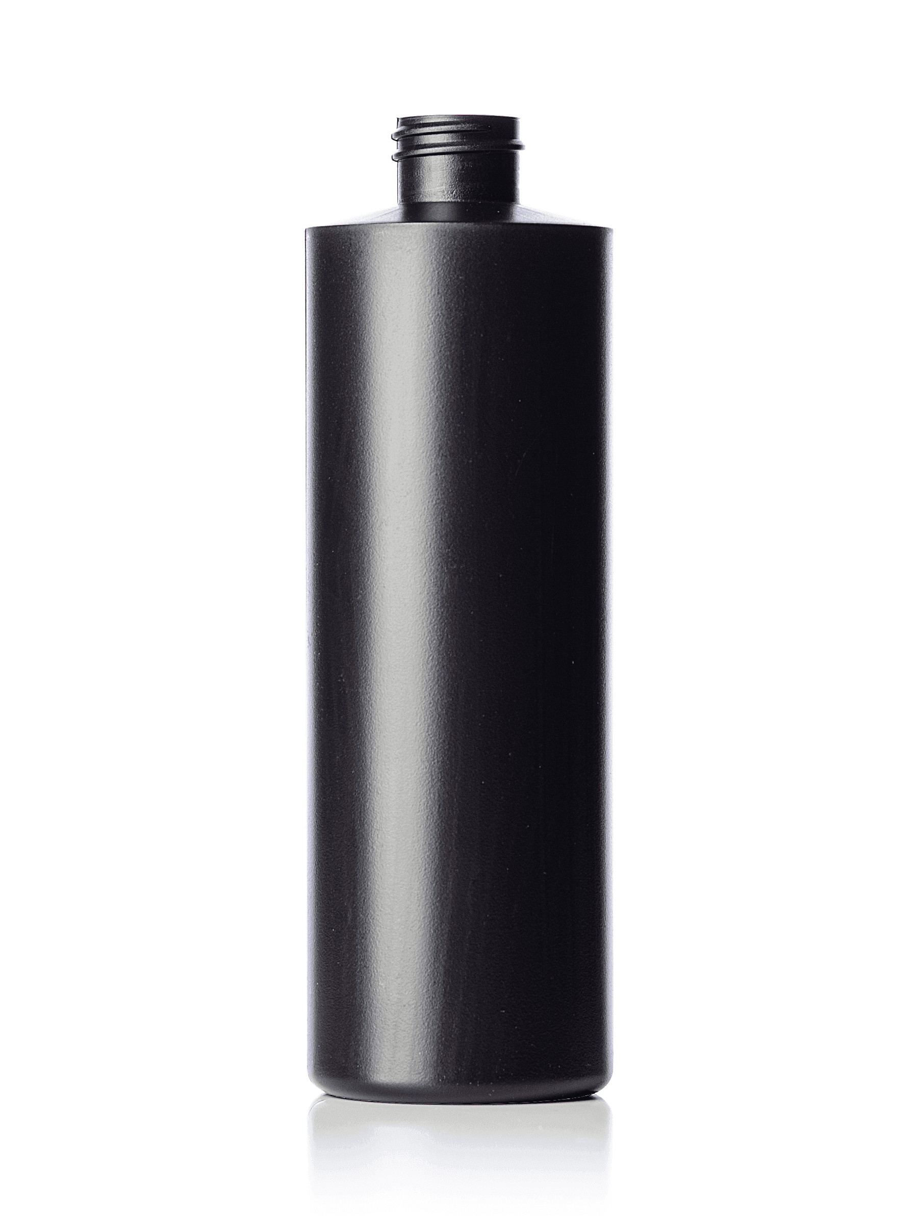 Tall black plastic bottle with threaded neck for hair care products