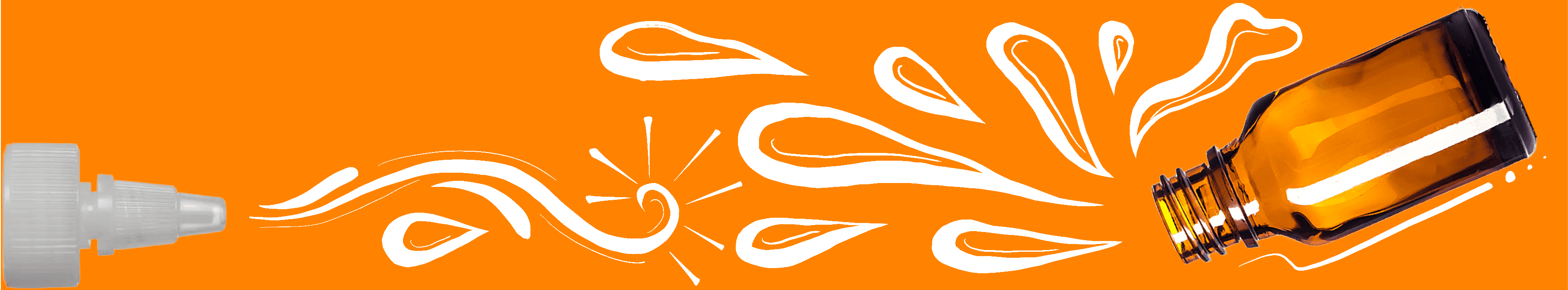 Amber bottle and nozzle dispenser with illustrated paint splash on orange background for art supply use