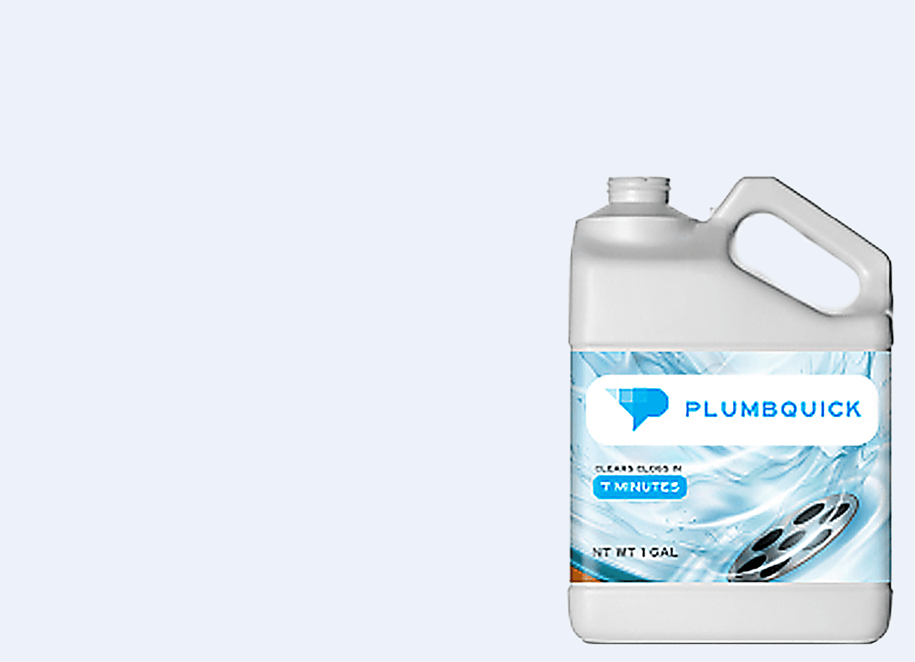 Industrial chemical jug labeled for drain cleaning with blue swirl graphic