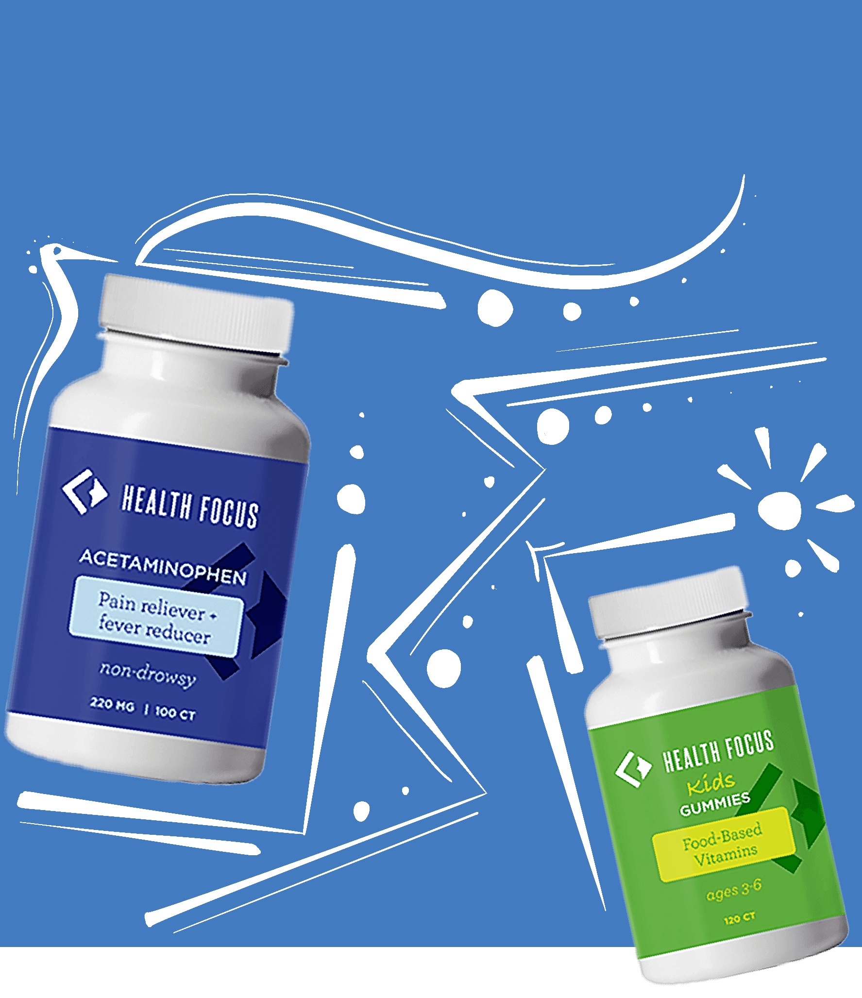 Labeled pharmaceutical pill bottles on blue background with clinical-themed graphic accents