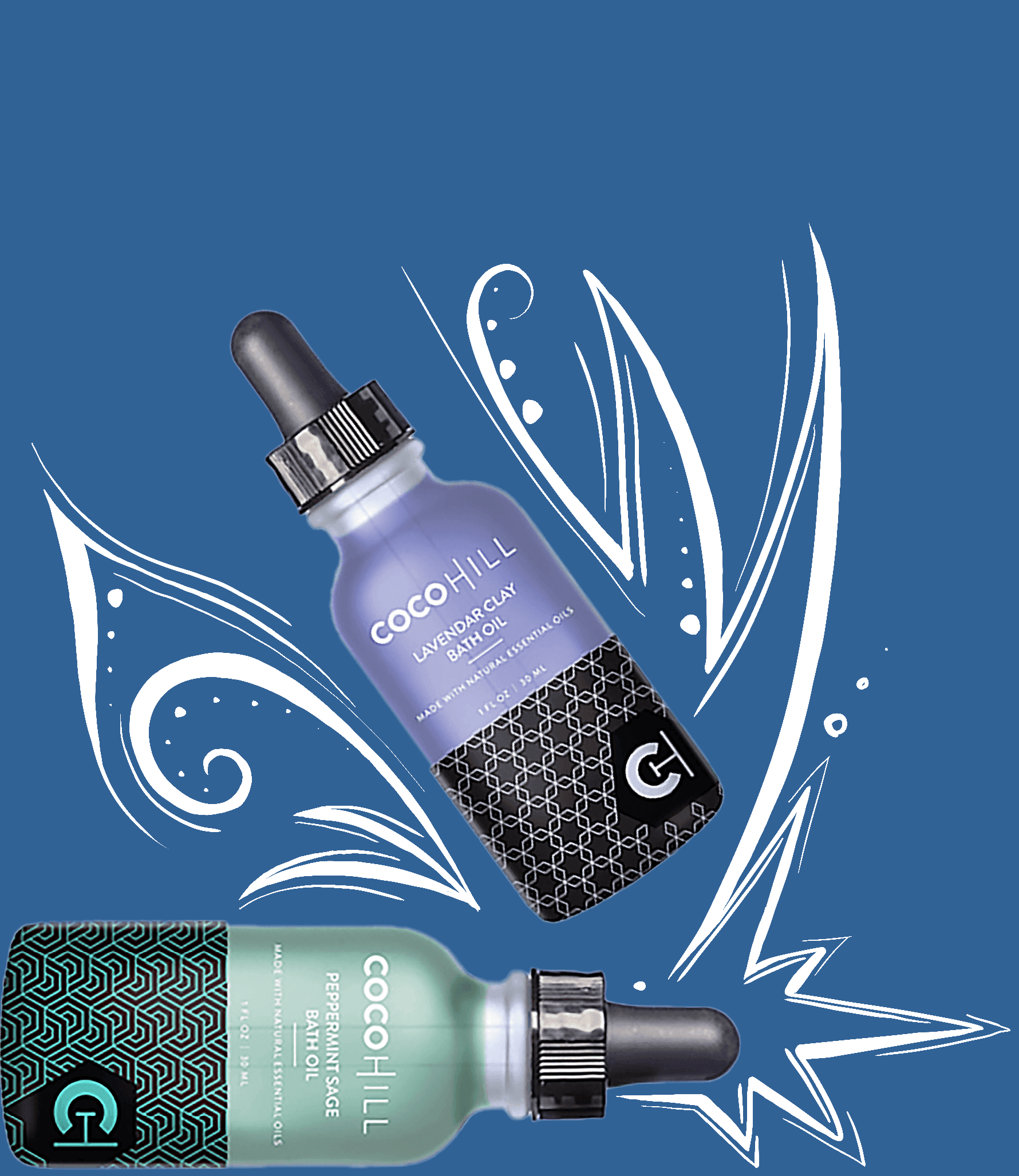 Essential oil dropper bottles on blue background with decorative splash graphics