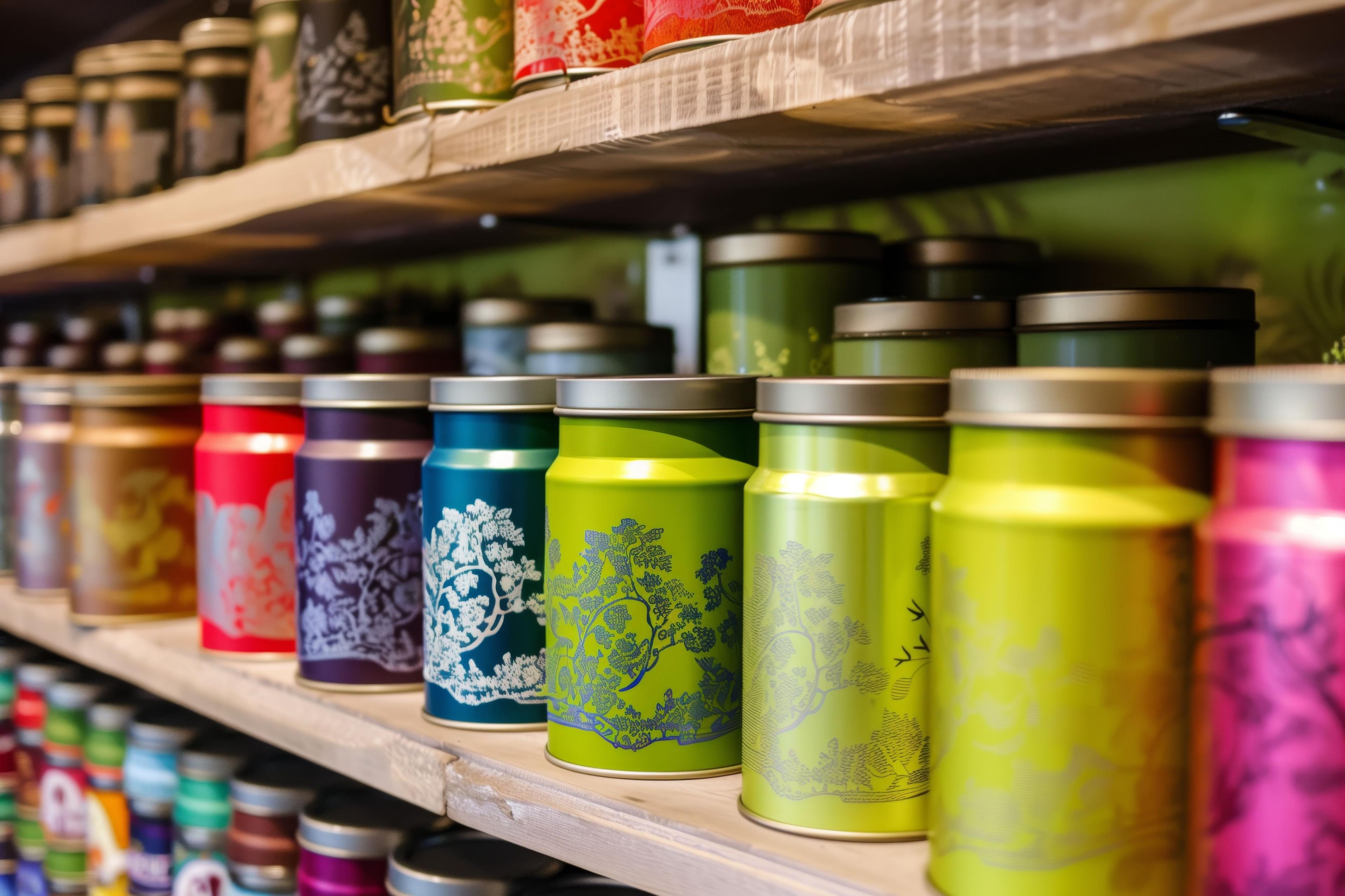Assorted colorful metal tins and canisters with printed labels displayed on a retail shelf