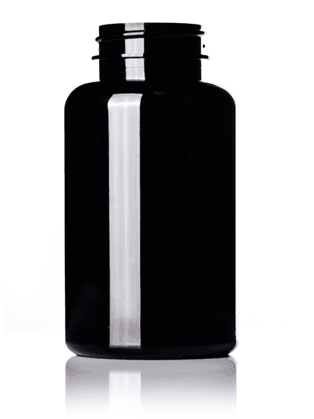 Black plastic vitamin bottle with wide-mouth neck for capsules or supplements
