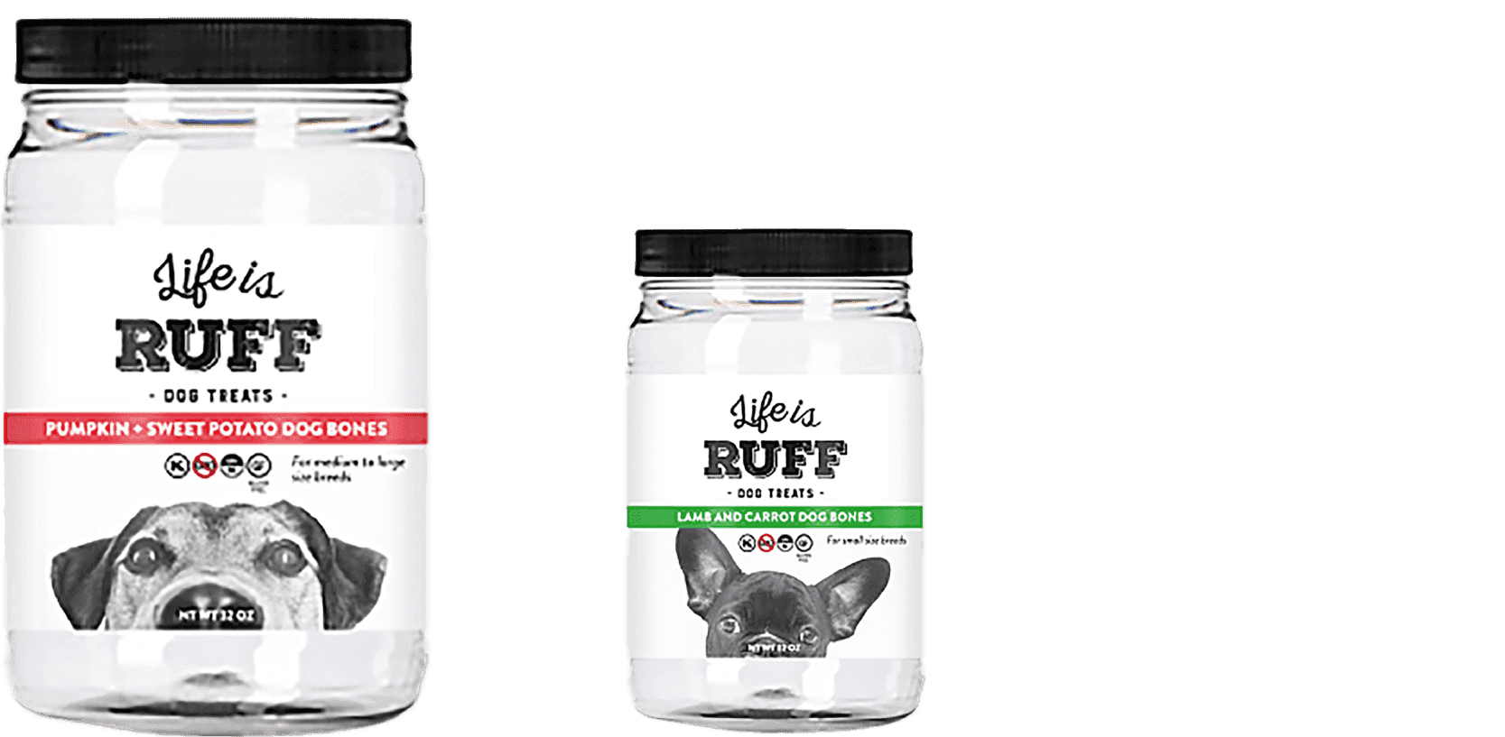 Clear plastic jars of dog treats with black lids and illustrated pet labels