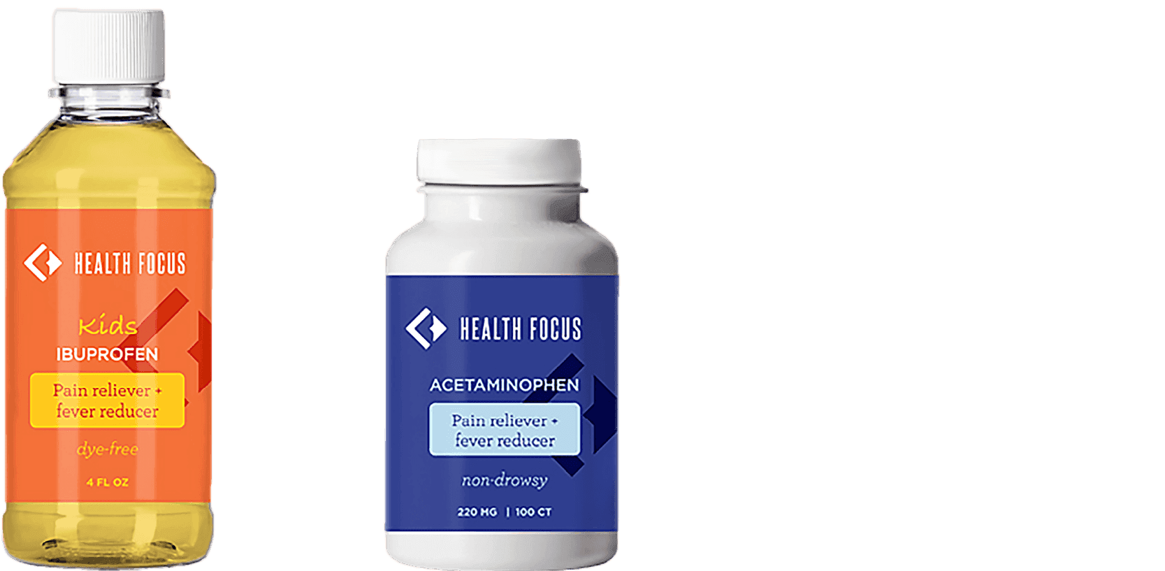 Over-the-counter medicine bottles including liquid syrup and white pill bottle with labels