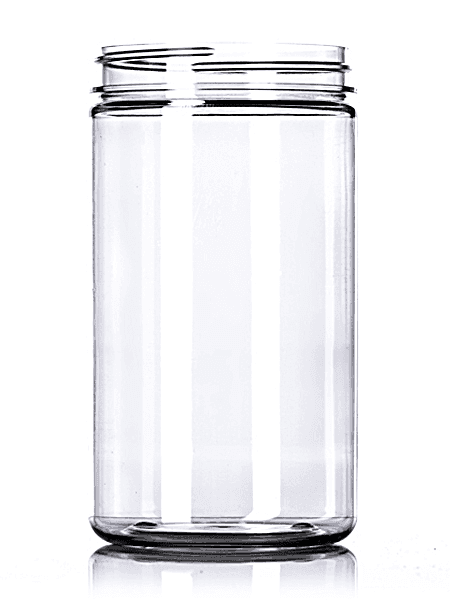 Clear straight-sided jar with threaded neck for pet treats or food packaging
