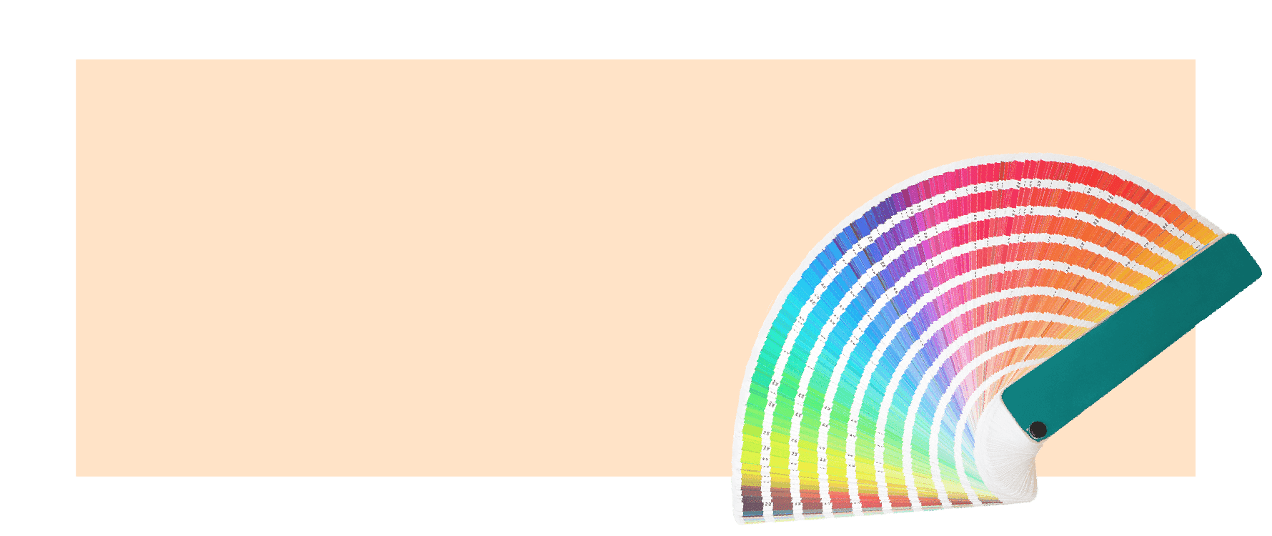 Color swatch fan on peach background symbolizing packaging design and customization services
