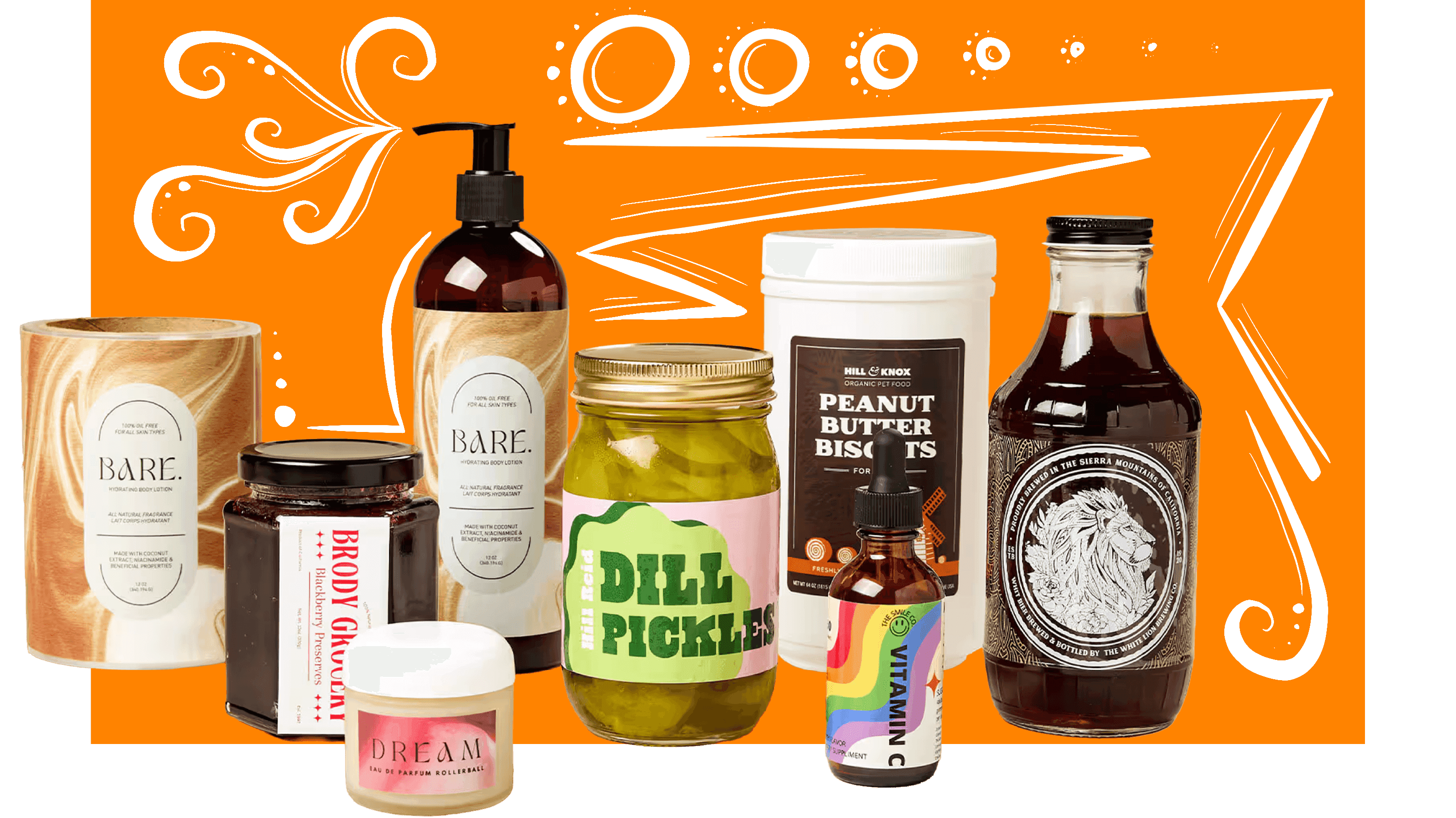 Assorted labeled products including jars, bottles, and pumps showcasing custom printing and packaging design