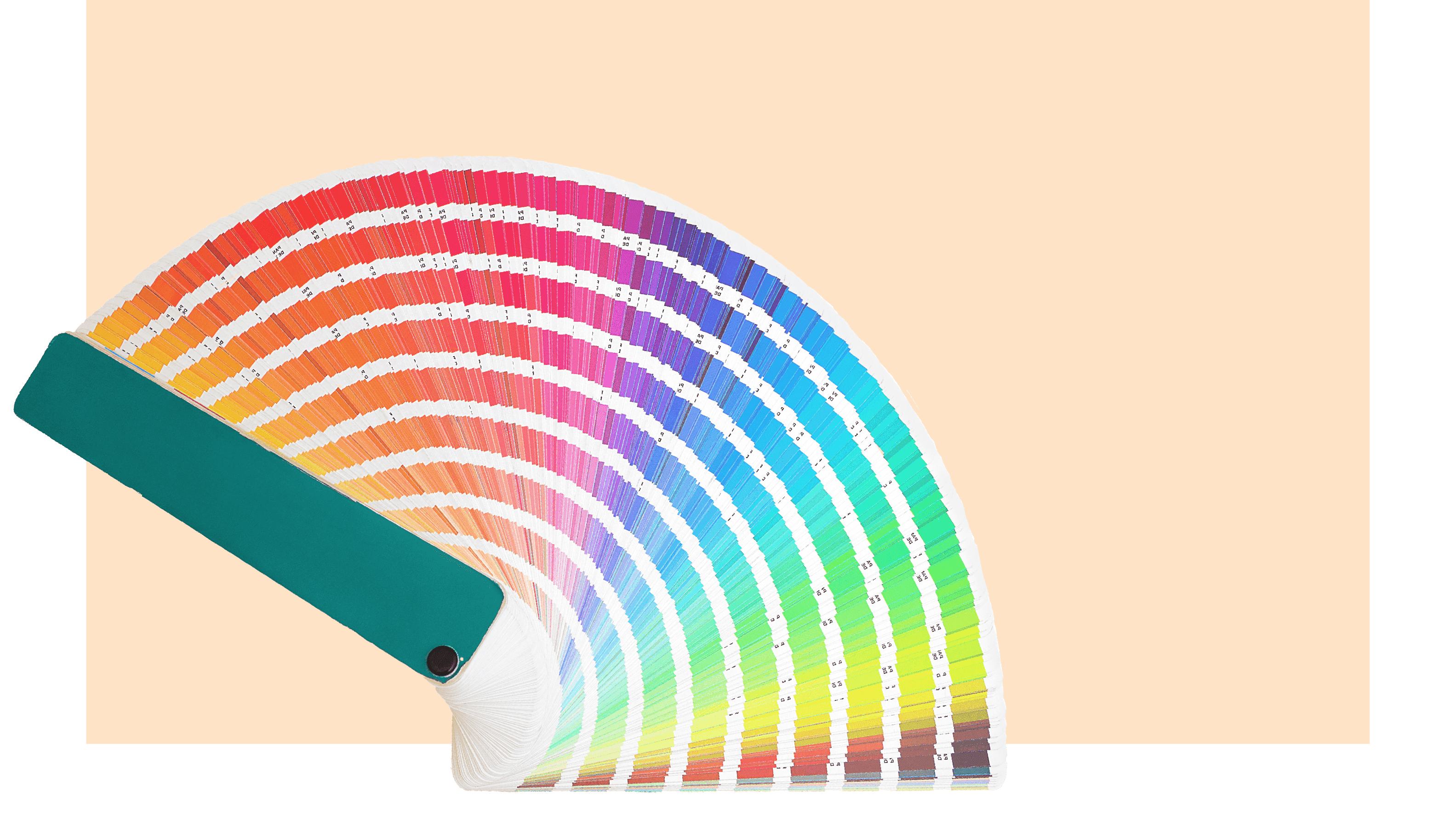 Color swatch fan deck on peach background symbolizing packaging design and customization services