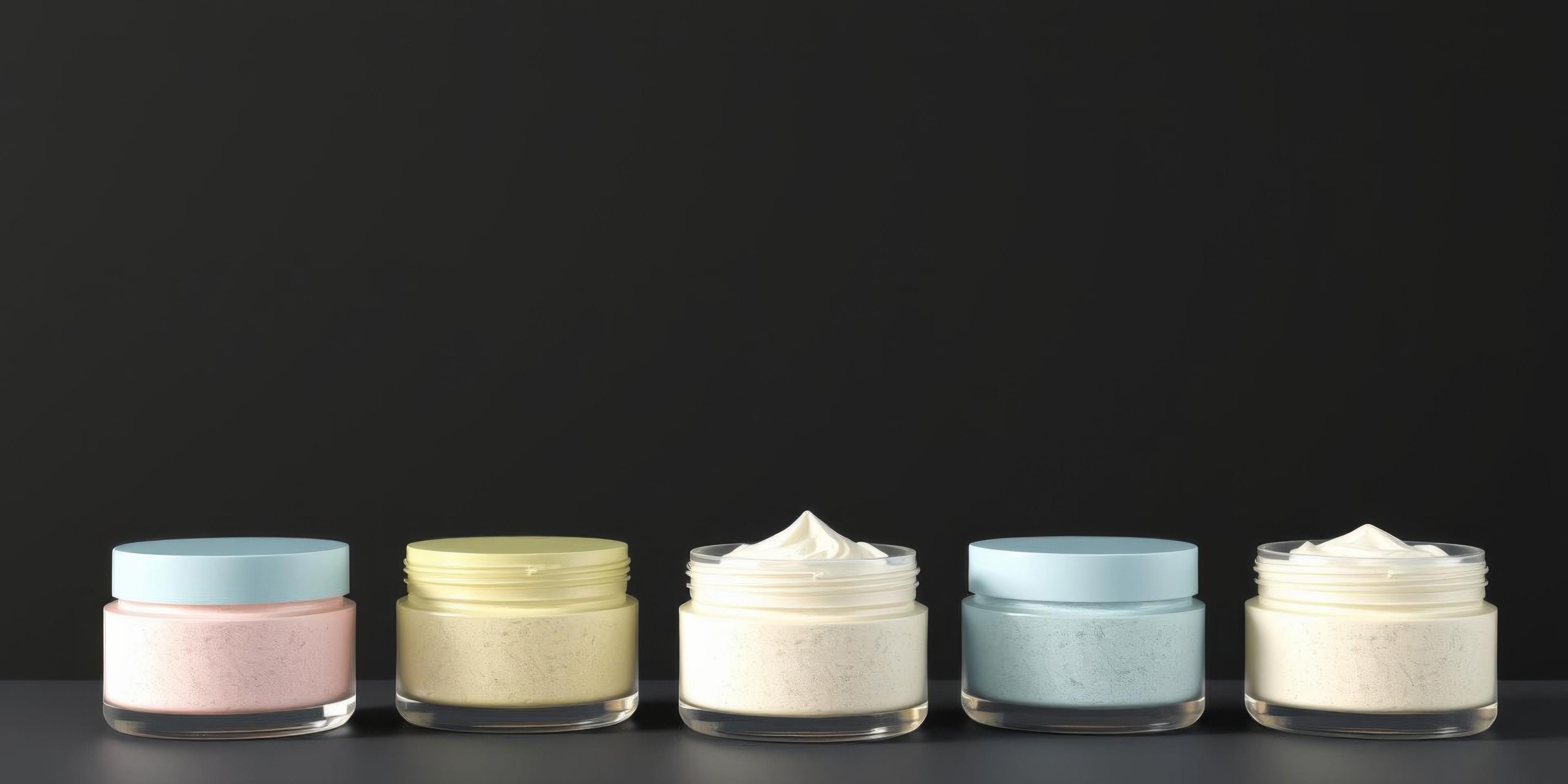 Minimalist jars with sustainable-style labels in various pastel tones lined up on dark background